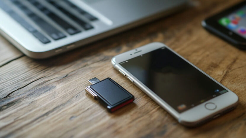 An iPhone placed next to a USB flash drive on a wooden desk, with a laptop in the background, symbolizing photo or data transfer
