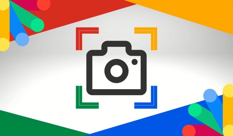 A stylized camera icon surrounded by red, yellow, green, and blue corners on a white background with colorful abstract shapes, representing Google Photos printing interface