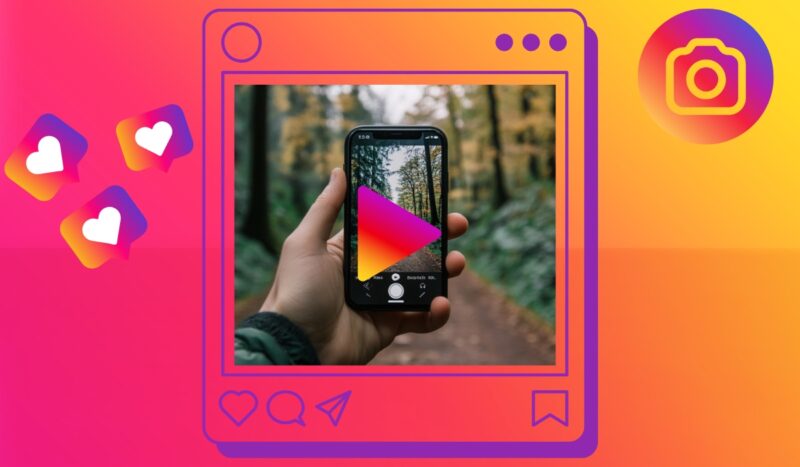 Hand holding a phone with a forest image on screen, displayed inside an Instagram-themed frame with icons
