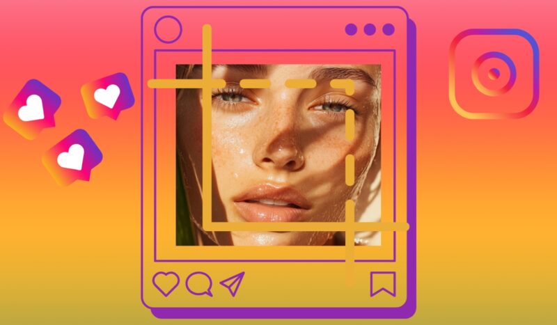 A sunlit portrait of a woman inside a stylized Instagram frame showing cropping guides, with social media icons around