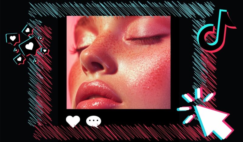 Close-up of a glowing face with pink lighting effects surrounded by TikTok-themed icons and sketch-style social media elements on a black background