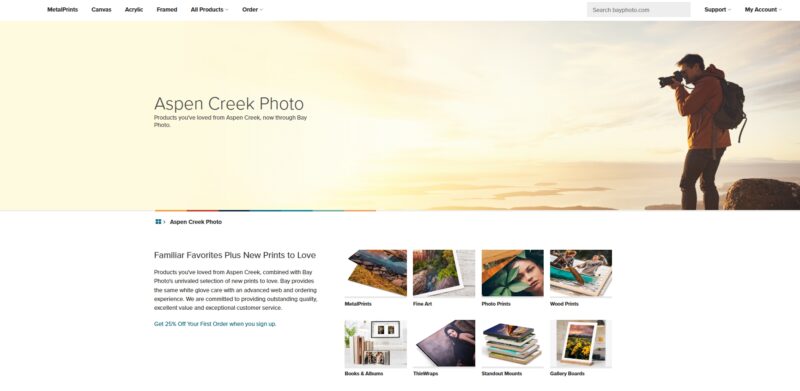 Bay Photo homepage featuring Aspen Creek Photo prints with various display options like metal, wood, fine art, and books