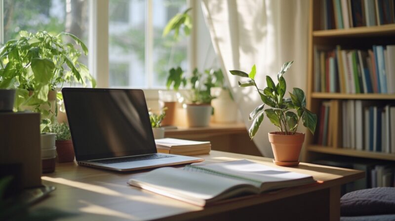 A well-lit desk with a laptop, notebook, and plants, symbolizing a calm and organized workspace ideal for centralizing digital photos