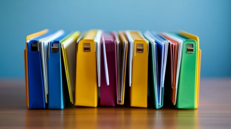 A row of colorful file folders standing upright on a desk, symbolizing a well-organized and categorized photo archive