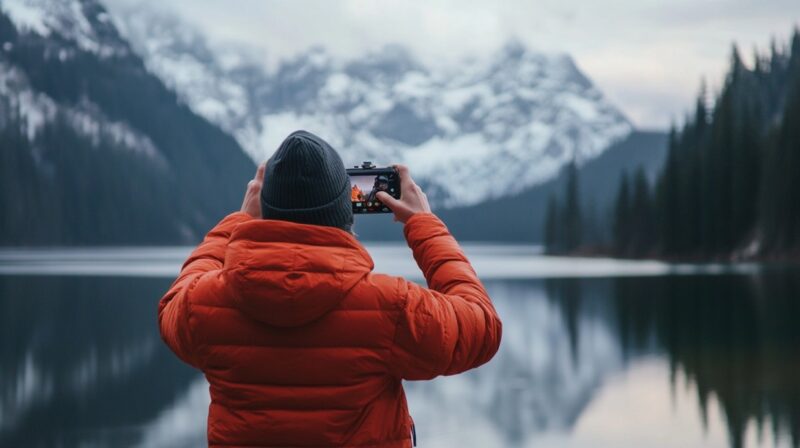 A person in an orange jacket taking a photo of a snowy mountain landscape with a smartphone, emphasizing selective photo keeping