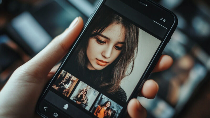 Close-up of a smartphone screen displaying a photo editing app in use, highlighting edited portrait photos and common editing tools, emphasizing how creators refine images on mobile platforms