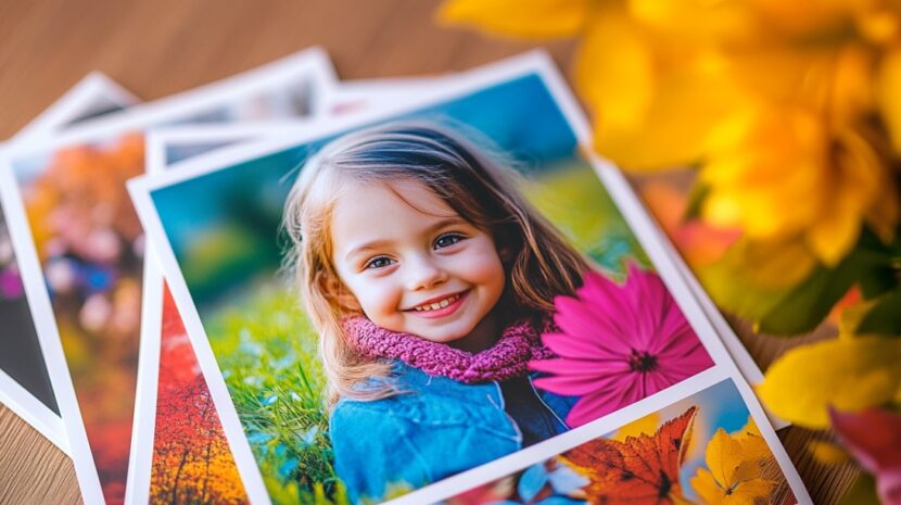 Stack of high-quality printed photographs featuring a smiling young girl in vibrant colors, symbolizing photo print services with excellent color fidelity