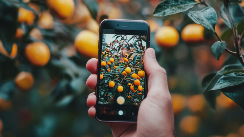 A close-up of a hand holding a smartphone taking a photo of vibrant orange fruit on a tree, with the camera app interface visible on screen and a blurred orchard in the background