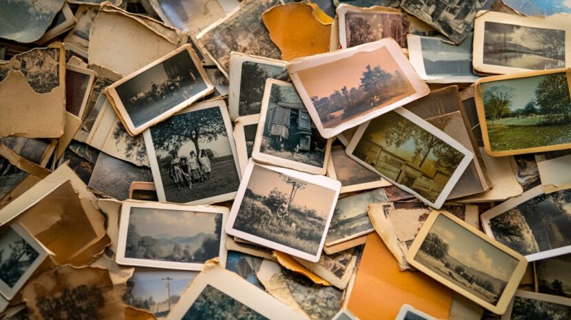 A messy pile of vintage photographs, representing a large, unorganized collection of pictures needing sorting or categorization