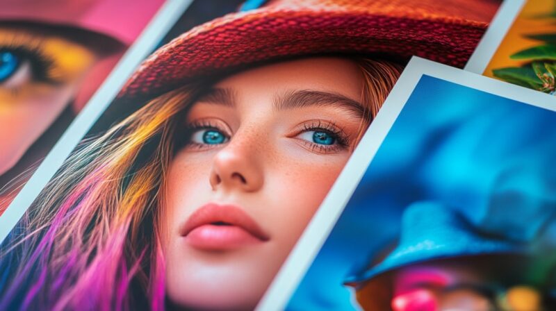 High-resolution close-up of vibrant printed portraits, emphasizing accurate color tones and fine print details