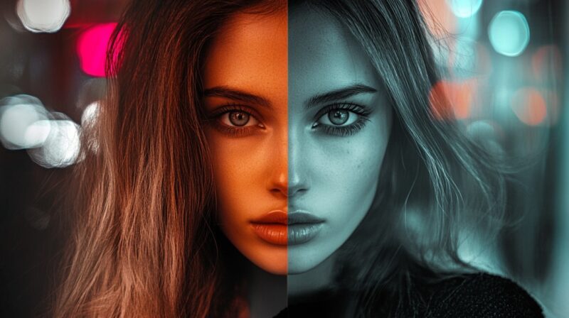 A split-screen portrait showing the dramatic difference in photo quality and color grading achieved using editing apps—one side warm and vibrant, the other cool and moody, highlighting the power of professional photo editing tools