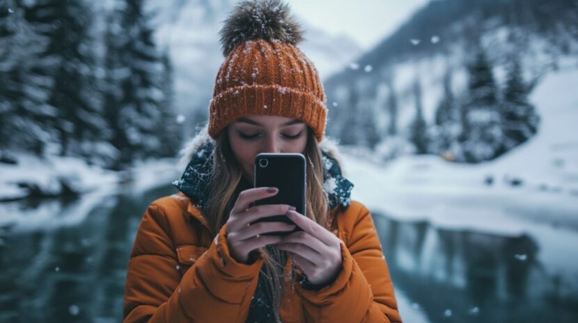 A young woman in a snowy mountain setting wearing a knit hat and winter jacket, focused on her phone as she edits or reviews a photo she just took