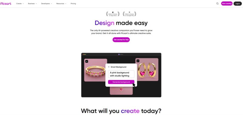 Screenshot of the Picsart homepage showing its AI-powered design interface with jewelry on pink backgrounds and a smart background generation tool