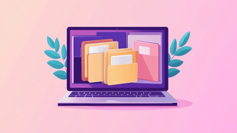 Illustration of a laptop displaying organized digital folders, representing regular photo management and file organization