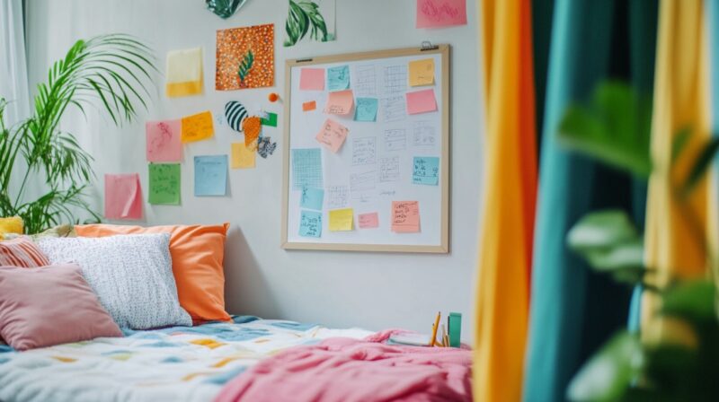 A colorful and organized bedroom with sticky notes and a planning board on the wall, symbolizing a goal-setting environment for tackling large tasks like photo organization