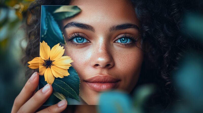 Close-up of a woman holding a photo print in front of her face, perfectly aligning with her real features, demonstrating exceptional color accuracy and sharp detail