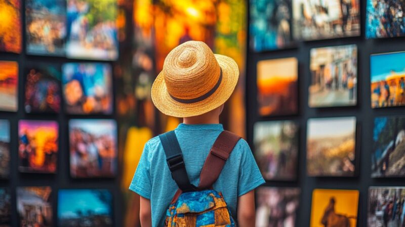 A child wearing a straw hat and backpack looks at a wall covered in vibrant photo prints, highlighting differences in print quality and color consistency
