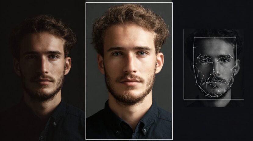 Three side-by-side images showing an original portrait, an enhanced professional headshot, and an AI facial mapping overlay