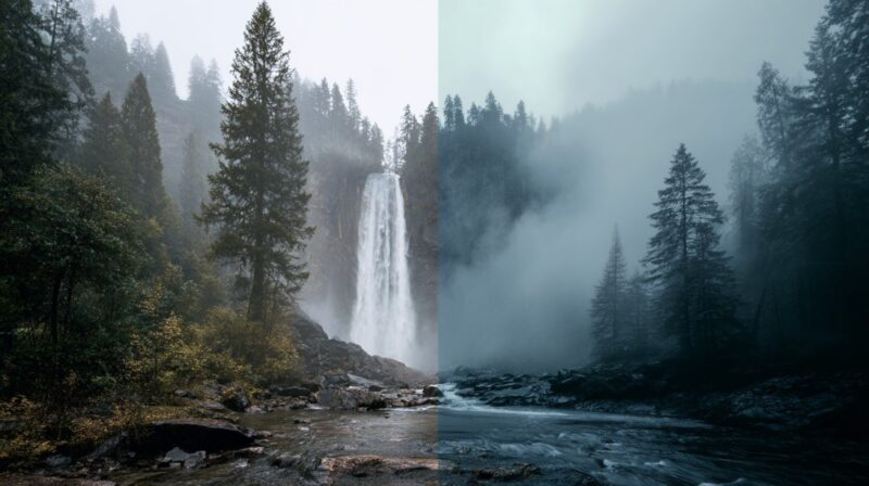 A split-scene of a forest waterfall, with the left side showing a clear, bright view and the right side shrouded in mist and shadow