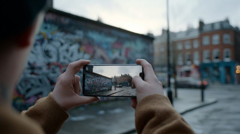 A person holds a smartphone horizontally, photographing a graffiti-covered wall in an urban street scene
