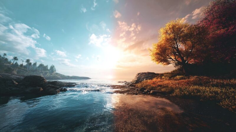 A vivid landscape with the sea on the left under a bright blue sky, and an autumn tree glowing orange under a warm sunset on the right