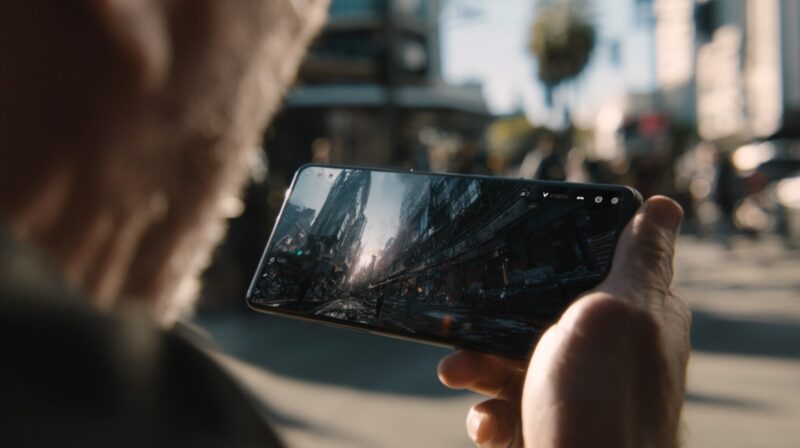 A person holds a smartphone horizontally, viewing a dark cityscape image on the screen while standing in a bright, busy urban street