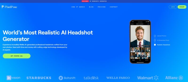 PixelPose homepage showcasing AI-generated professional headshots on a smartphone screen