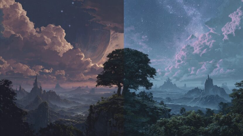 A surreal landscape showing a lone tree dividing two skies: the left side glowing with warm sunset clouds, the right side shimmering with cool starlight