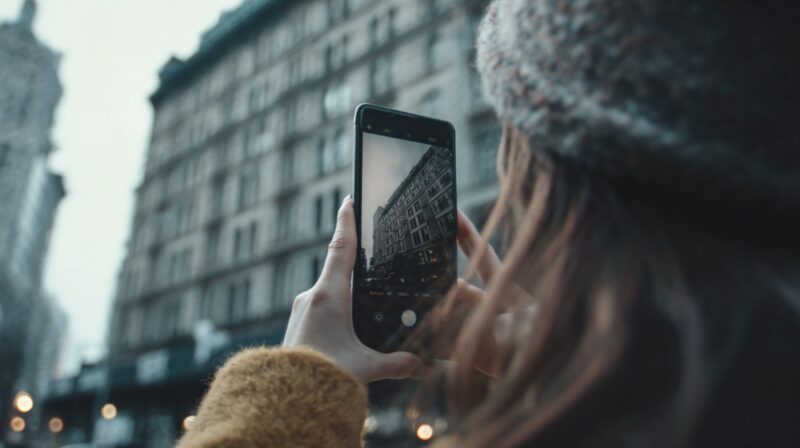A person wearing a beanie holds up a smartphone, photographing a tall city building with the screen showing the framed shot