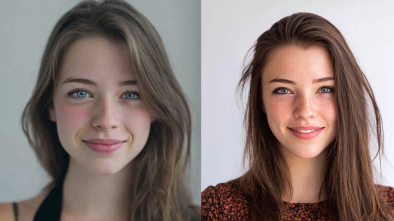 Side-by-side portraits of a woman, showing a casual natural look on the left and a polished professional headshot on the right