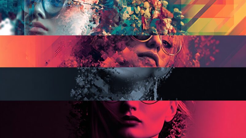 A collage of abstract, futuristic header designs featuring layered portraits, vibrant color gradients, and geometric patterns representing modern social media design aesthetics