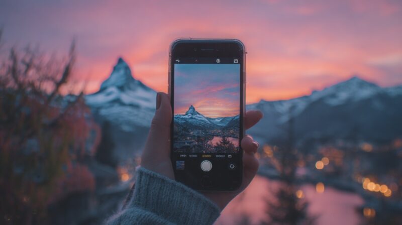 A hand holding a smartphone taking a photo of snow-covered mountains at sunset with a pink and purple sky