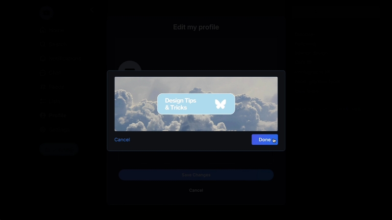 Preview of a Bluesky banner upload showing a cloud background with the text “Design Tips & Tricks” before saving changes