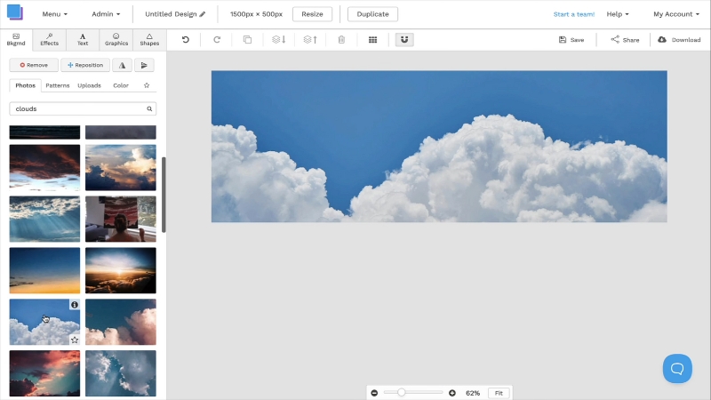 Design workspace showing a Bluesky banner template with a cloud background set to 1500 × 500 pixels