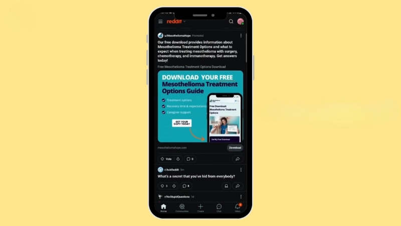 Reddit ad on a smartphone screen showing a Mesothelioma treatment guide with text, download button, and user interface elements visible