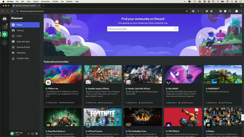 Discord community discovery page showing featured servers like Midjourney, Fortnite, and Minecraft