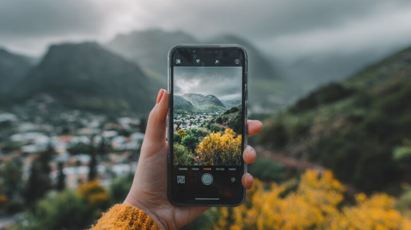 A hand holding a smartphone capturing a scenic mountain view with green hills and yellow flowers under cloudy skies