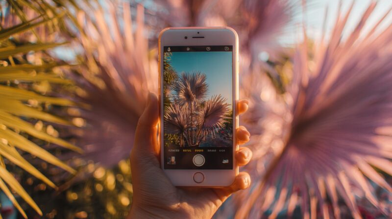 A hand holding a smartphone, taking a photo of palm leaves glowing in golden sunlight