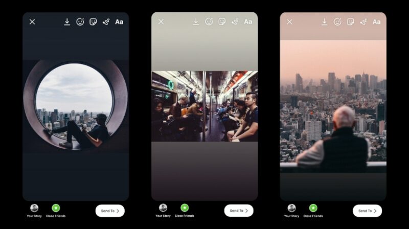 Three sample Instagram Stories showing how images fit within different layouts and safe zones based on Instagram story dimensions