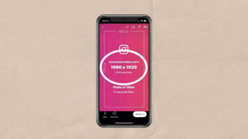 A smartphone screen displays the correct Instagram Story dimensions of 1080 by 1920 pixels with a 9:16 aspect ratio