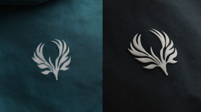 Close-up of a white embroidered logo on dark and teal fabric, showing how brand logos appear on printed and stitched merchandise