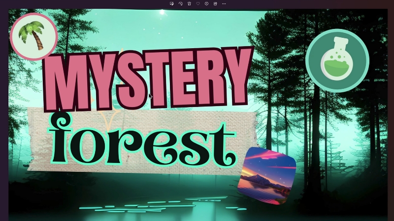 Discord server banner with “MYSTERY forest” text in bold typography, over a teal forest background with icons of a palm tree and flask