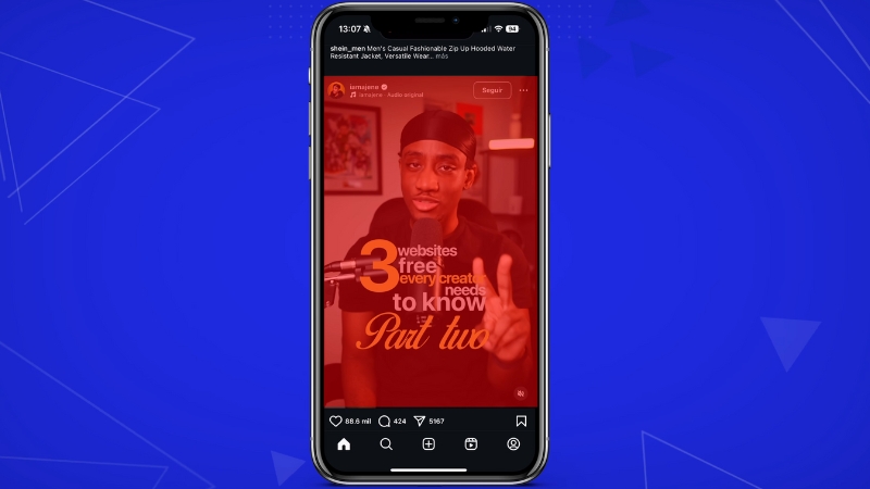 A creator shares an Instagram Reel on a smartphone screen with text and engagement icons visible