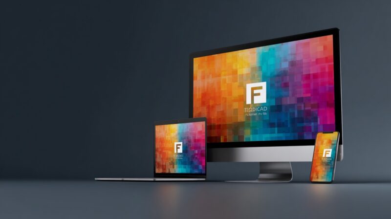 A colorful brand logo displayed consistently on a desktop computer, laptop, and smartphone, showing how a logo adapts seamlessly to different screen sizes for digital branding