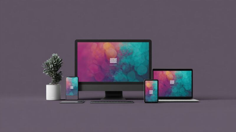 A responsive website mockup on multiple devices showing a centered logo on a colorful gradient background, representing the placement and sizing of a footer logo in digital branding