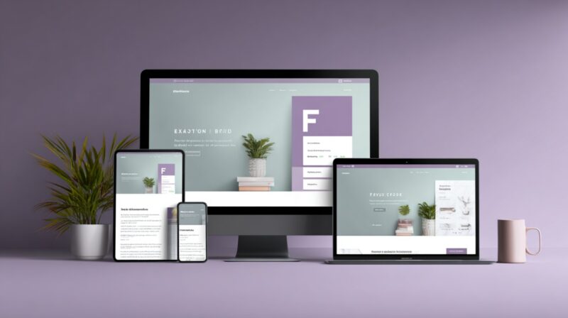 A responsive website displayed on desktop, laptop, tablet, and smartphone screens, featuring a minimalist brand logo in the header area to show consistent digital branding