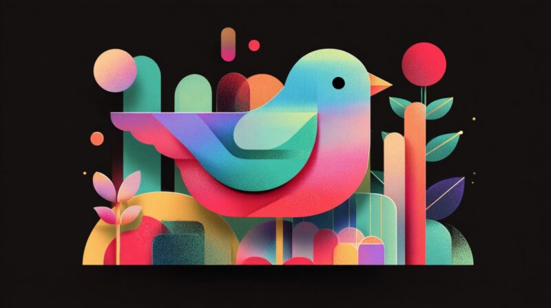 A colorful abstract illustration of a bird composed of layered geometric shapes and gradients, symbolizing creativity and design challenges on social media