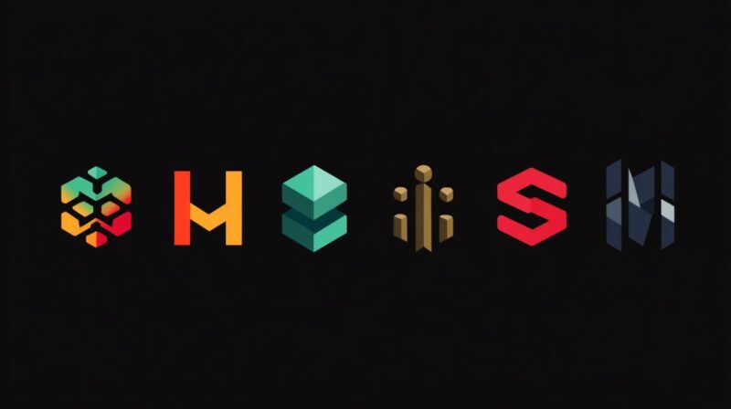 A lineup of colorful, modern logos of varying styles and shapes against a black background, representing how logo size and proportion influence visual impact and brand recognition
