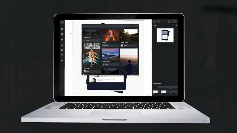 Laptop displaying a design editor with image previews and layout tools
