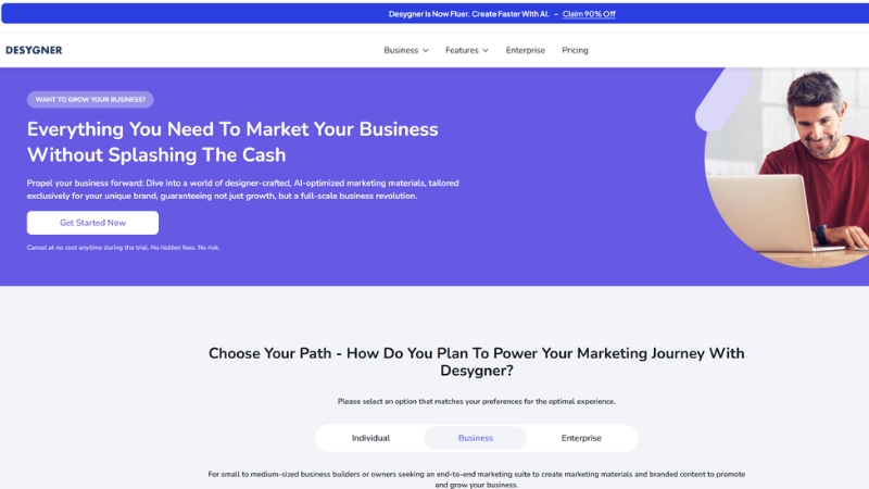 Desygner homepage featuring marketing tools, pricing navigation, and a man working on a laptop